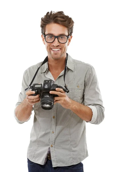 Jag Behöver Bild Till Porträtt Stilig Ung Fotograf Med Kameran — Stockfoto