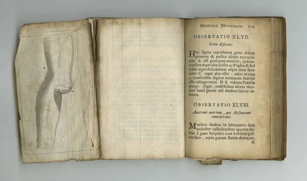 Havadan Dövülmüş Kitap Sayfaları Sergilenen Eski Bir Tıp Kitabı — Stok fotoğraf
