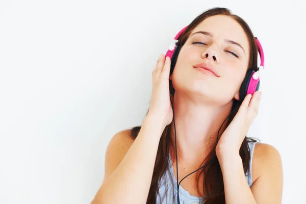 Auriculares Musicales Wellness Mujer Escuchando Canciones Tranquilas Podcast Audio Relajante — Foto de Stock