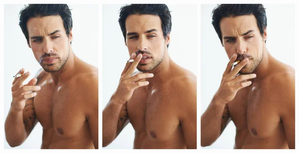 Tak Jemný Kompozitní Obraz Muže Bez Trička Jak Kouří Cigaretu — Stock fotografie
