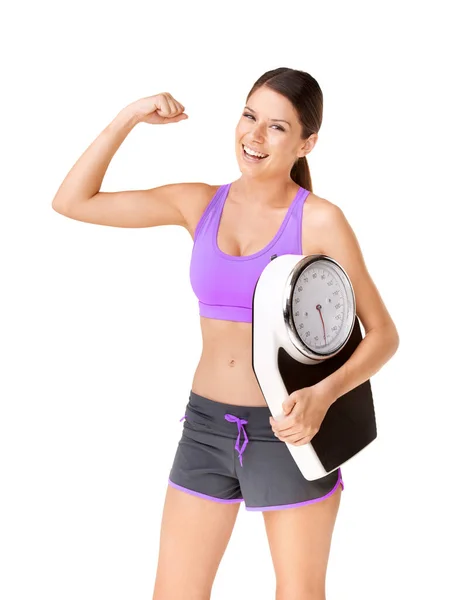 Staying Strong Keeping Fit Studio Portrait Happy Young Woman Flexing — Stock Photo, Image