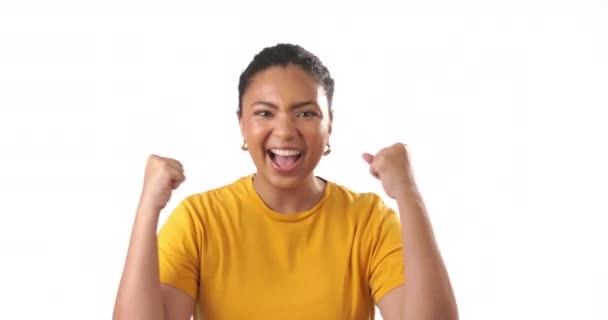 Black Woman Fist Pump Winning Face Success Happiness Excited Win — Stock Video