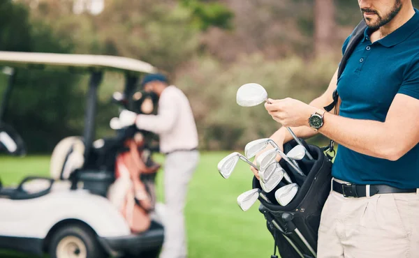 Golf Deportes Hombre Con Club Golf Campo Listo Para Comenzar — Foto de Stock