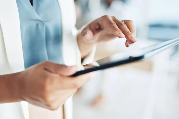 stock image Tablet, search and hands of woman in office for networking, information and project analysis. Executive, technology and digital with zoom of female browsing online for app, email and connection.