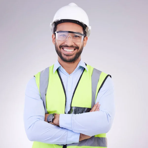 Obrero Construcción Retrato Hombre Con Brazos Cruzados Sonrisa Arquitecto Ingeniero —  Fotos de Stock