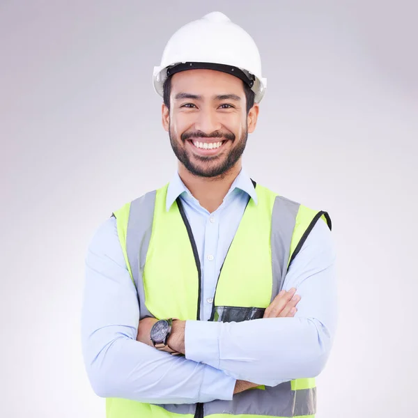 Trabalhador Construção Civil Retrato Homem Com Braços Cruzados Sorriso Arquiteto — Fotografia de Stock