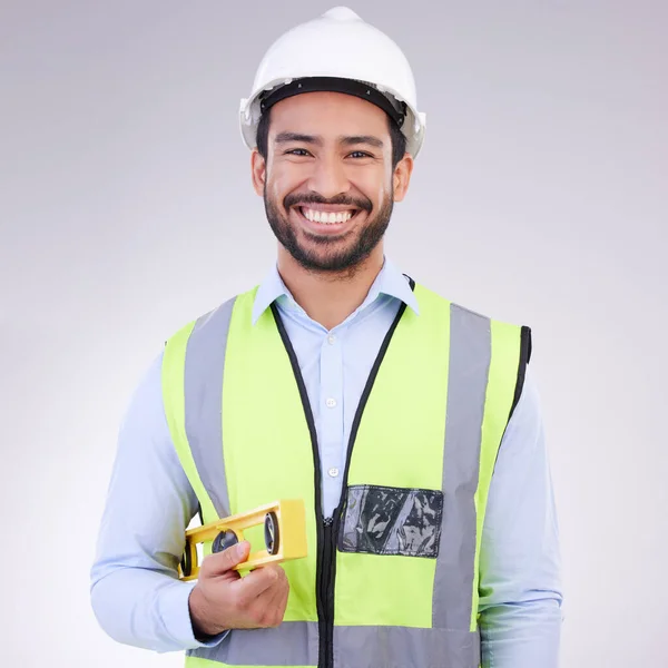 Trabalhador Construção Civil Retrato Homem Com Ferramentas Sorriso Arquiteto Engenheiro — Fotografia de Stock