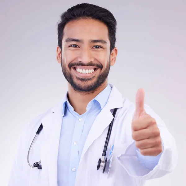 Portrait Man Doctor Thumbs Isolated White Background Support Thank You — Stock Photo, Image
