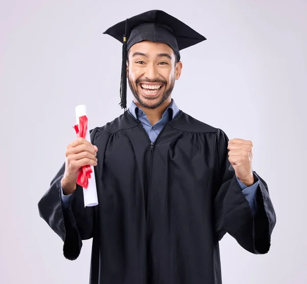 Retrato Graduación Del Hombre Asiático Certificado Éxito Aislado Fondo Del — Foto de Stock
