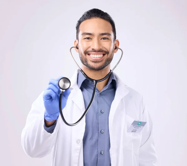 Medische Arts Portretman Stethoscoop Voor Ondersteuning Van Gezondheidszorg Verpleegkundige Werk — Stockfoto