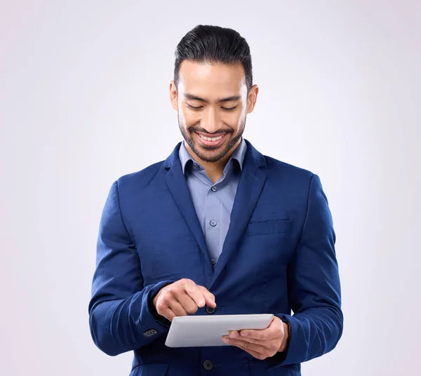 Aziatische Man Bedrijf Tablet Studio Voor Communicatie Netwerkverbinding Gelukkig Mannelijk — Stockfoto