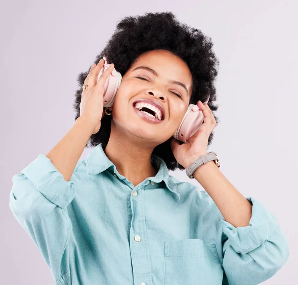 Fones Ouvido Música Dança Música Streaming Mulher Negra Feliz Para — Fotografia de Stock
