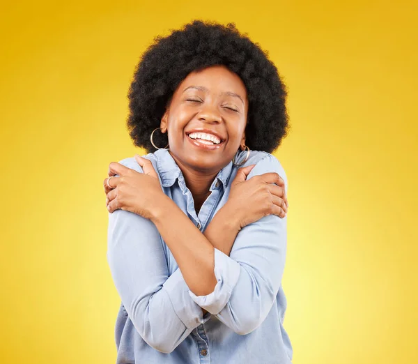 Black Woman Happy Self Love Hug Body Smile Joy Eyes — Stock Photo, Image