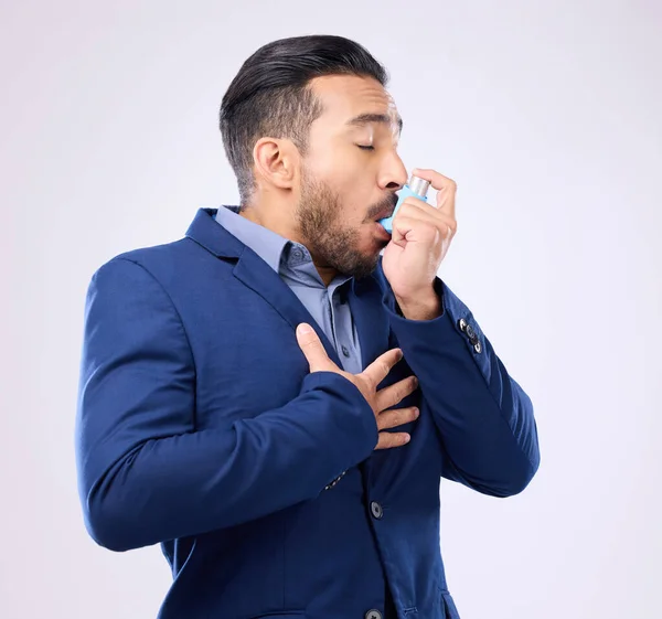Business Man Breathe Asthma Pump Studio Medical Health Risk Cough — Stock Photo, Image