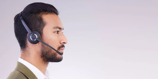 Call Center Man Face Profile Headset Mic Crm Contact Mockup — Stock Photo, Image