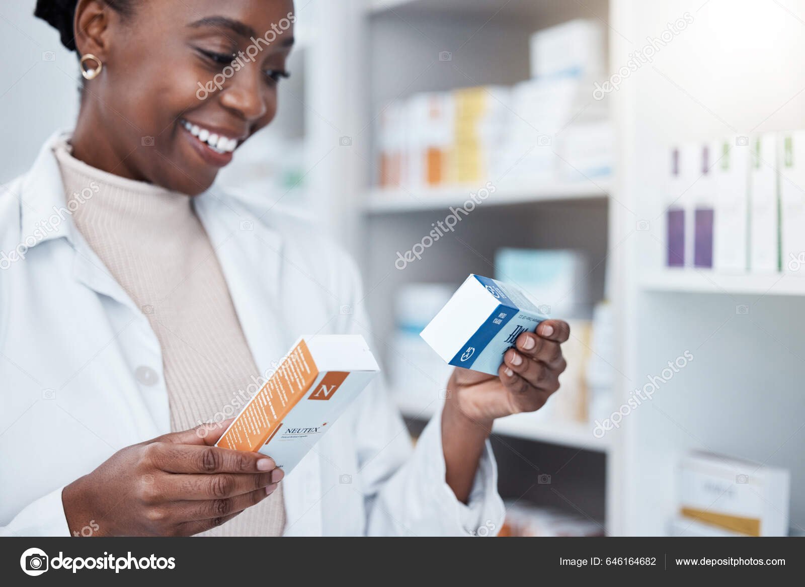 Black Woman Pharmacist Choice Box Medicine Decision Prescription Healthcare  Pharmacy Stock Photo by ©PeopleImages.com 646164682