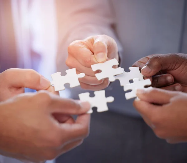 Puzzel Groep Mensen Handen Voor Oplossing Teamwork Workflow Doelen Prestatie — Stockfoto