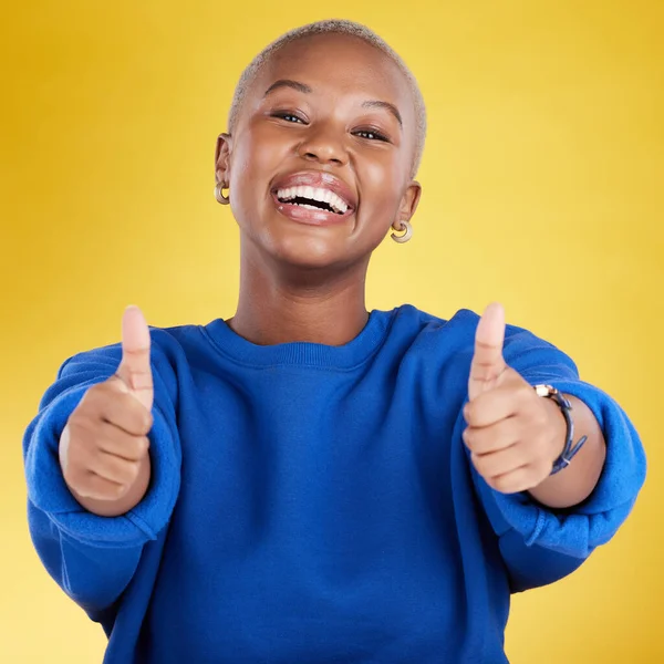Laughing Portrait Black Woman Thumbs Studio Isolated Yellow Background Happy — Stock Photo, Image