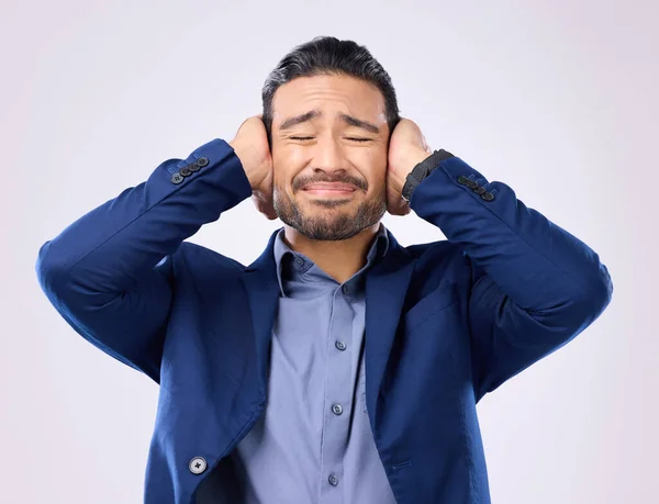 Zaměstnanec Hluk Asijský Muž Zakrývají Uši Stres Duševní Zdraví Šedém — Stock fotografie