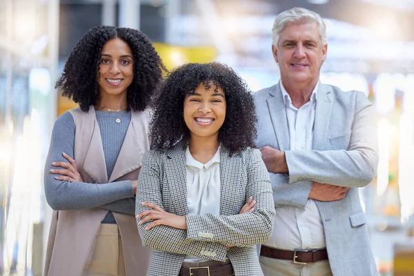 stock image Portrait, diversity and happy business people with arms crossed for teamwork, trust or startup partnership. Group, employees and smile of motivation, collaboration or pride about us in global company.