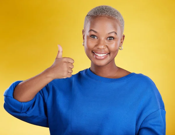 Portrait Smile Black Woman Thumbs Studio Isolated Yellow Background Success — Stock Photo, Image