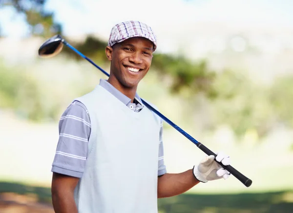 Enchanté Reprendre Cours Portrait Joueur Golf Afro Américain Confiant Tenant — Photo