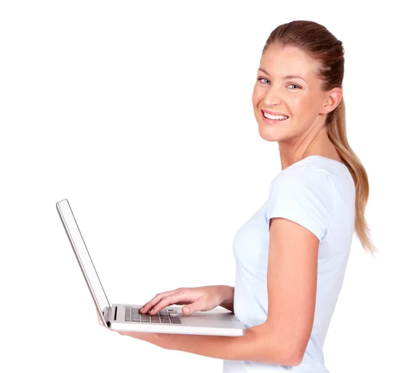 Kan Niet Zonder Mijn Laptop Een Mooie Jonge Vrouw Werken — Stockfoto