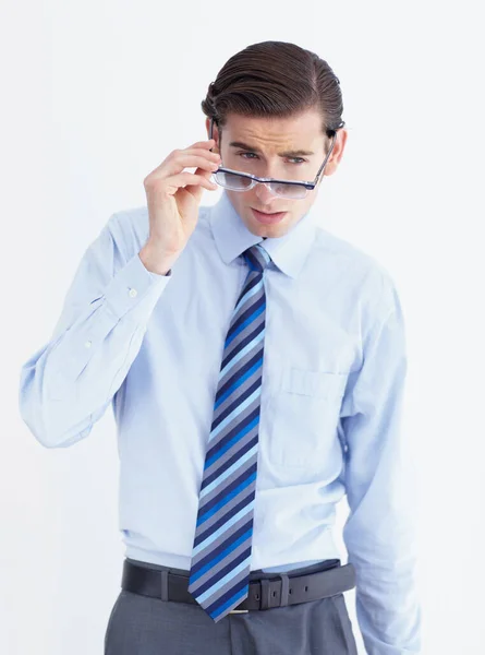 Bekijk Mogelijkheden Een Enge Zakenman Die Zijn Bril Naar Iets — Stockfoto
