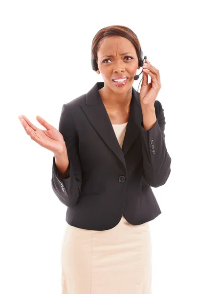 Whats Problem Ethnic Corporate Woman Talking Her Headset Looking Confused — Stock Photo, Image