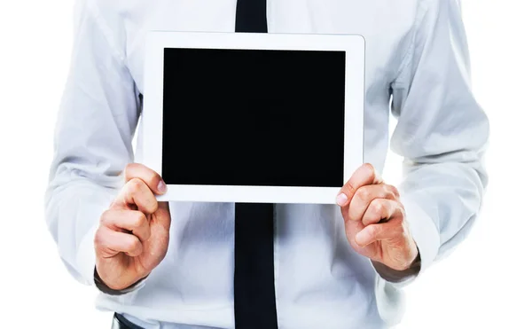 Orgulhoso Tecnologiasúltimos Desenvolvimentos Tiro Cortado Homem Segurando Touchscreen — Fotografia de Stock
