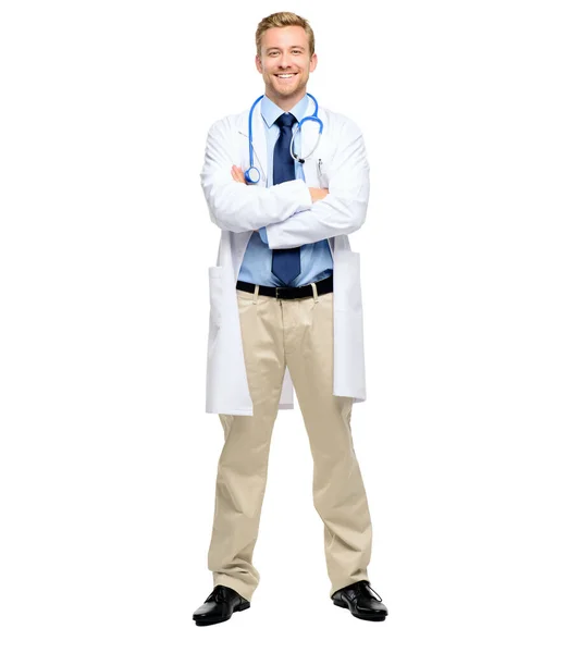 Handsome Young Doctor Posing His Arms Folded Studio Fullbody Confident — Stok fotoğraf