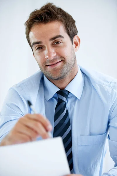 Hes All Casual Contracts Portrait Businessman Writing Piece Paper Work — Stock Photo, Image
