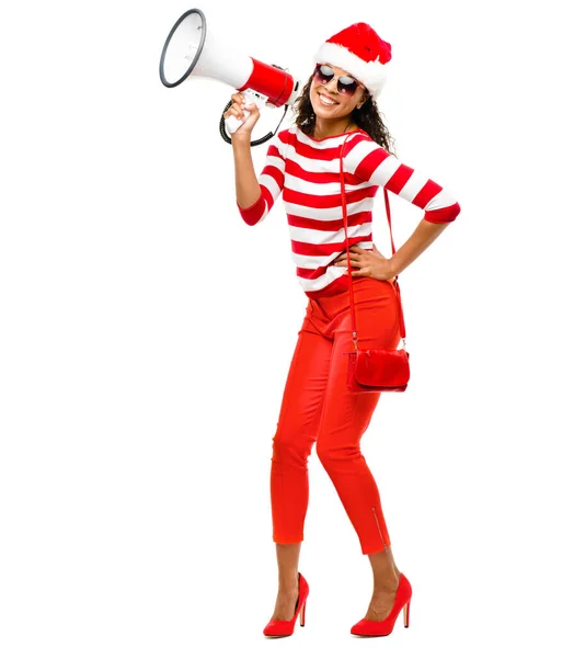 Мода Безсезонная Дорогая Молодая Женщина Рождественской Шляпе Держит Мегафон Позирующий — стоковое фото