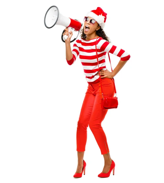 Давайте Послушаем Шумите Молодая Женщина Рождественской Шляпе Держит Мегафон Позирующий — стоковое фото