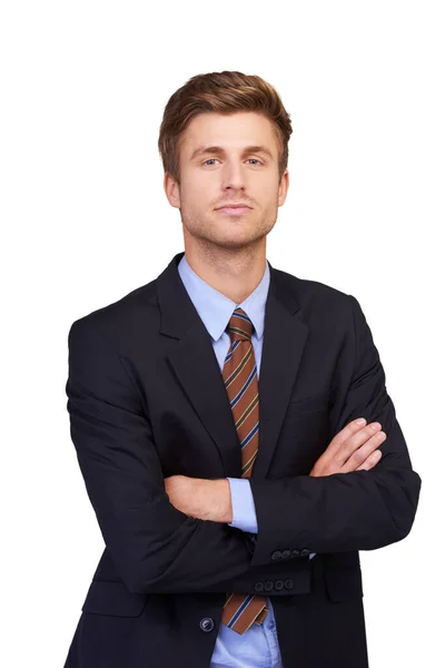 商业信心的人格化 一个年轻英俊的企业管理者双臂交叉地站在一起的画像 — 图库照片