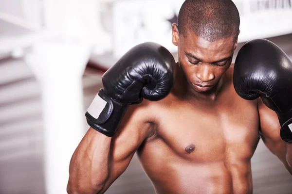 Toned Ready Fight African American Boxer Looking His Gloves — Stock Photo, Image