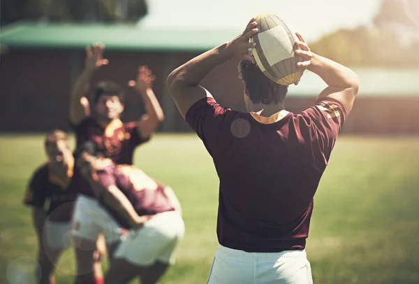 Připraven Sestavu Zadní Snímek Mladého Rugby Hráče Při Lineout — Stock fotografie