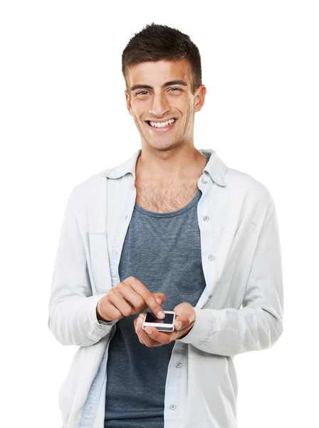 Miluju Svůj Nový Mobil Portrét Usměvavého Muže Držícího Svůj Mobil — Stock fotografie