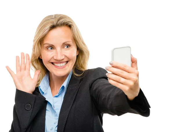 Stopping Say Senior Businesswoman Taking Selfies Using Her Smartphone Studio Stock Picture