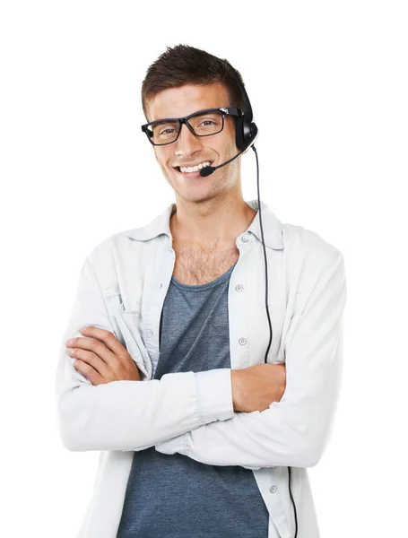 Gotowy Pomocy Portret Uśmiechniętego Hipstera Słuchawkach Skrzyżowanych Ramionach — Zdjęcie stockowe