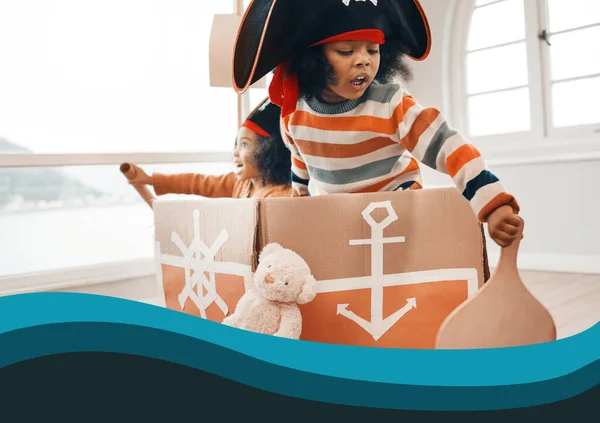 Pirate, box and playing with children and games for bonding, imagine and creative. Happy, youth and siblings with girls sailing in cardboard ship in family home for relax, fantasy and fun together.
