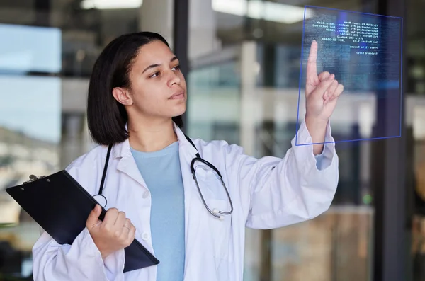 Hospital coding chart, graphic and woman doctor check medical stats and healthcare analytics. Clinic, futuristic wellness and health research code hologram with employee checking 3d information.