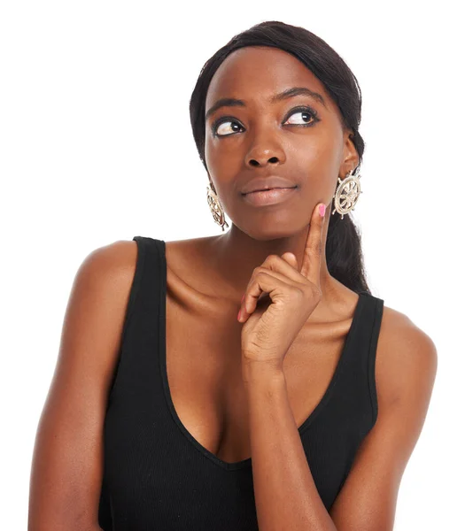 想法和困惑与黑人妇女的面孔为公告 交易和设计 在现代 广告和真实的背景上 与被白色背景隔离的女孩保持创意 注意和优雅 — 图库照片
