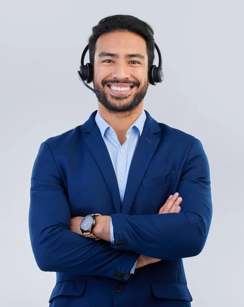 Call Center Customer Service Portrait Man Smile Communication Consulting Crm — Stock Photo, Image