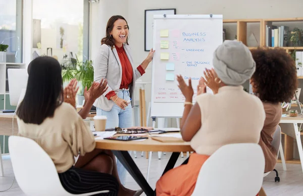 stock image Ambitious asian business woman using a whiteboard for staff training in an office workshop. Ethnic professional standing and teaching team of colleagues. Sharing ideas and planning marketing strategy.