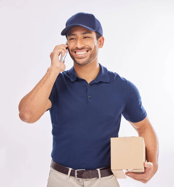 Phone call, delivery man and courier happy to deliver package as ecommerce talking on a mobile conversation. Shipping, excited and employee or person with parcel using cellphone app for communication.