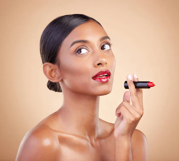 Schoonheid Rode Lippenstift Make Een Vrouw Studio Voor Cosmetica Huidgloed — Stockfoto