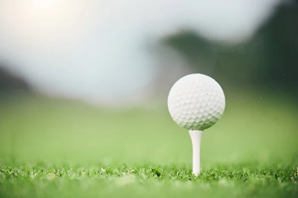 Sports, golf ball and tee on course in club for competition match, tournament and training. Target, challenge and games with equipment on grass field for practice, recreation hobby and practice.