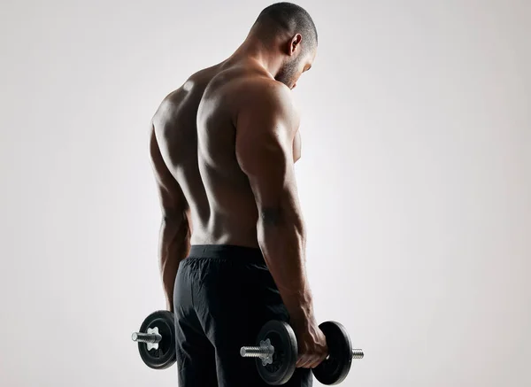 Let Gains Begin Studio Shot Young Man Working Out Dumbbell — Stock Photo, Image
