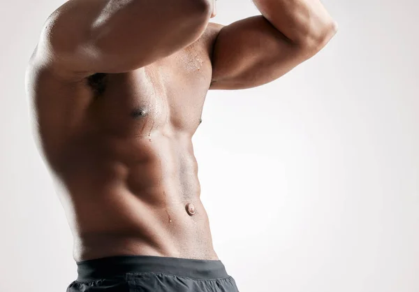 Mis Músculos Son Mejor Ropa Estudio Hombre Musculoso Irreconocible Posando —  Fotos de Stock